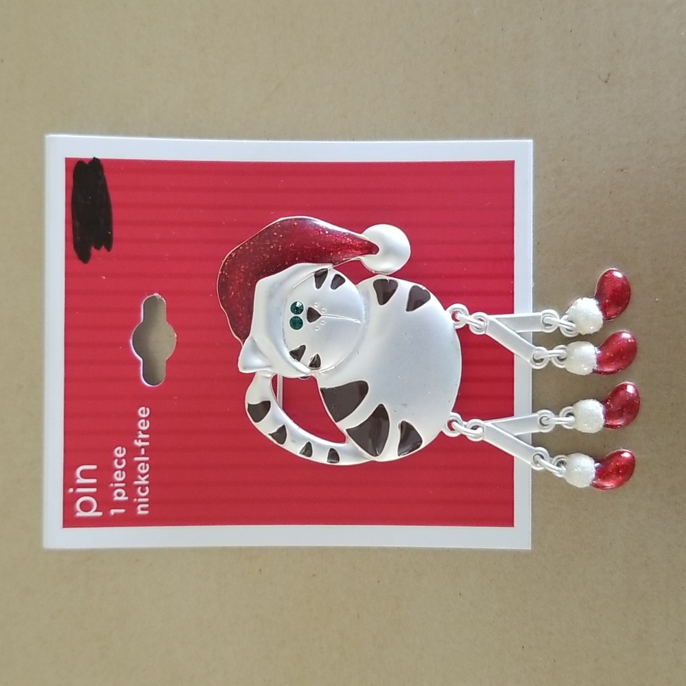 Christmas Santa Cat Silver Pin NEW